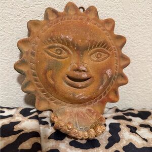 Vintage Terracotta Mexican Folk Art Clay Pottery Wall Hang Hanging Sun Face